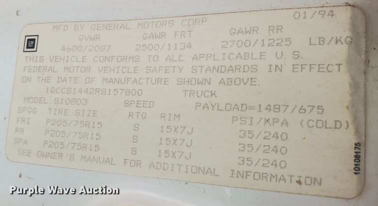 image for item KK9353 1994 Chevrolet S10  pickup truck