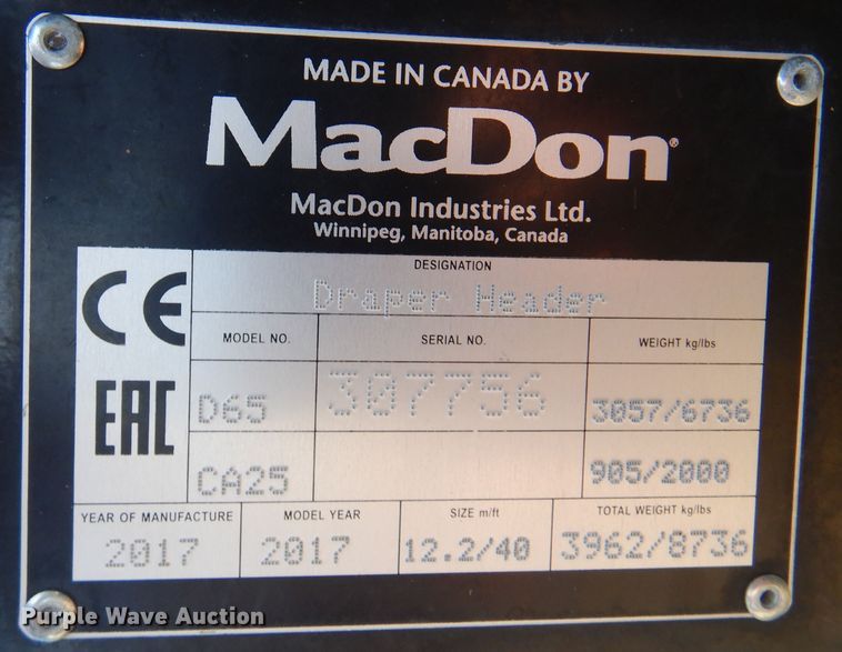 image for item DK8191 2017 MacDon D65  draper head