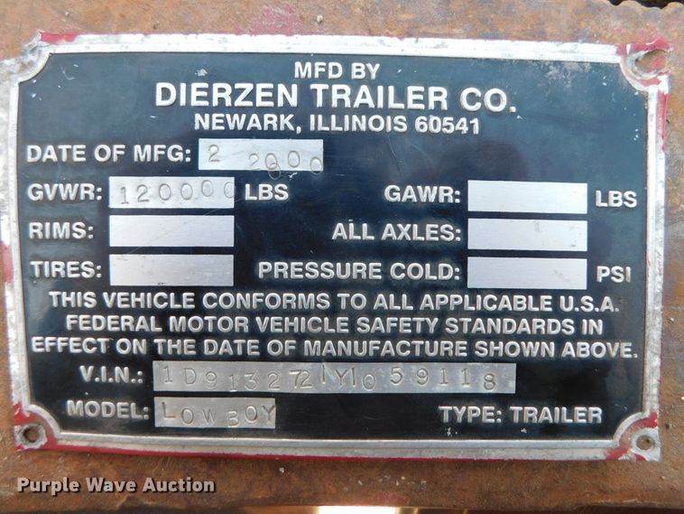 image for item DK8625 2000 Dierzen Lowboy  equipment trailer