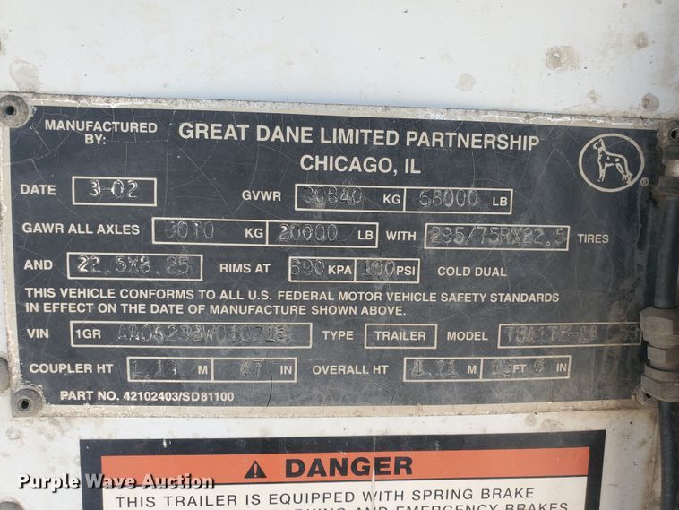 image for item JM9528 2003 Great Dane 7811TZ-1A 53  refrigerated van trailer