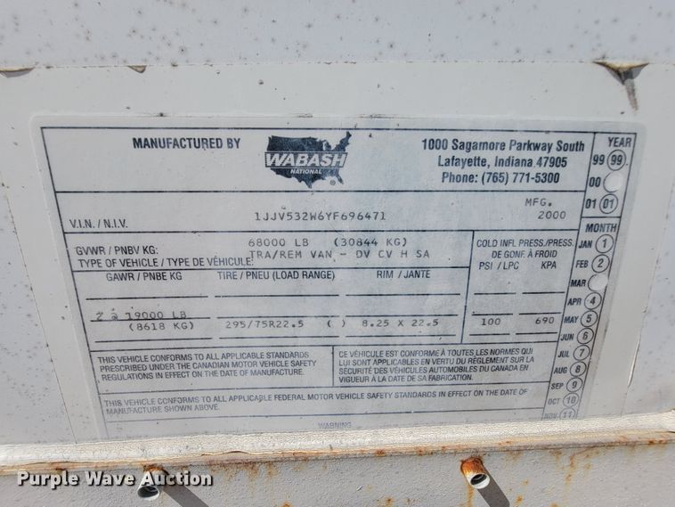 image for item KD9433 2000 Wabash  dry van trailer