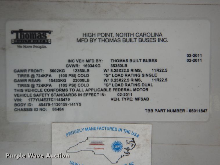 image for item HT9401 2011 Thomas Built Buses Saf-T-Liner  coach bus