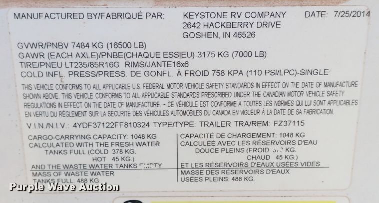 image for item IN9562 2015 Keystone Fuzion  camper