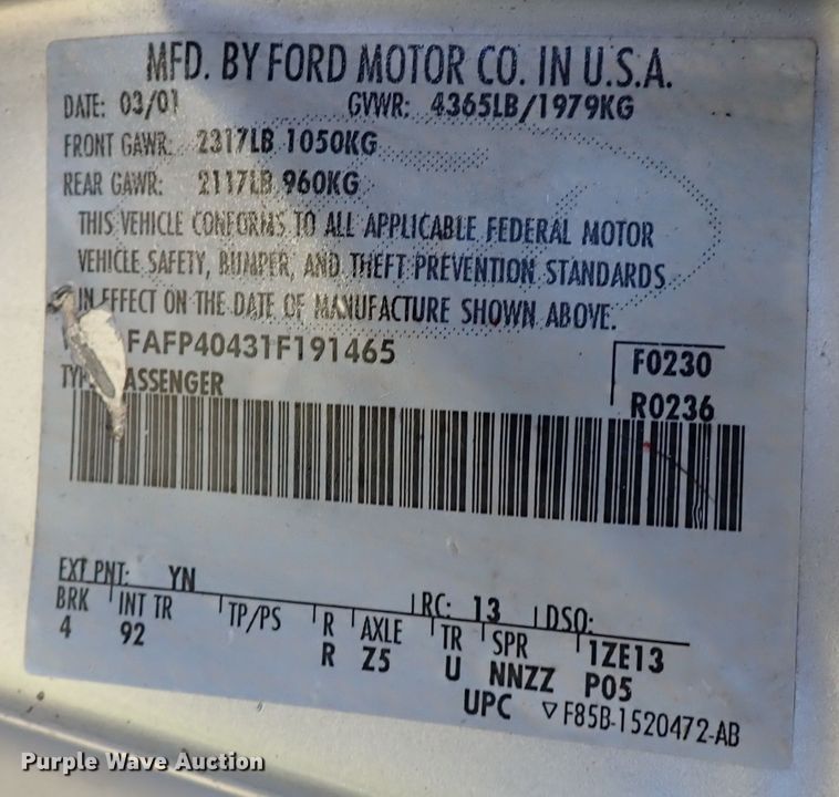 image for item IN9574 2001 Ford Mustang