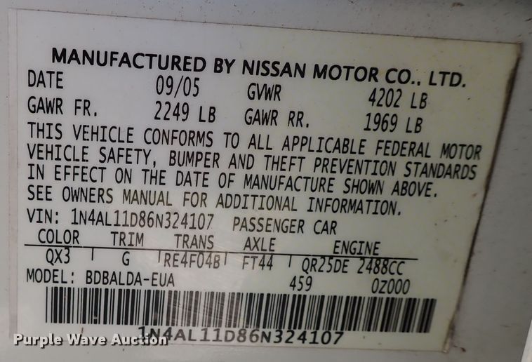 image for item IN9575 2006 Nissan Altima 2.5 SL