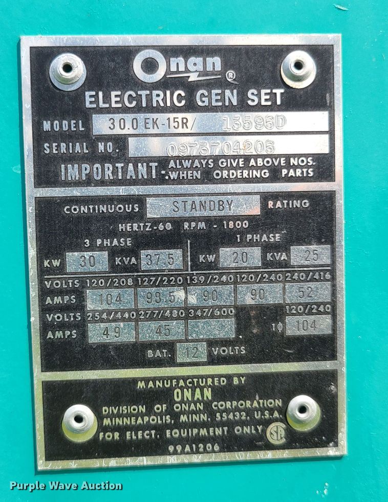 image for item IU9299 Onan 30 EK  generator