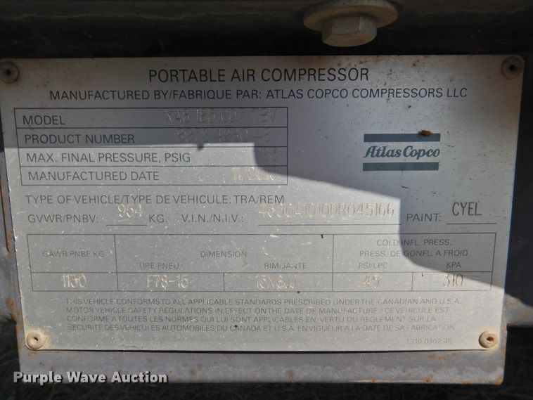 image for item JX9915 2013 Atlas Copco XAS 185CD7  air compressor