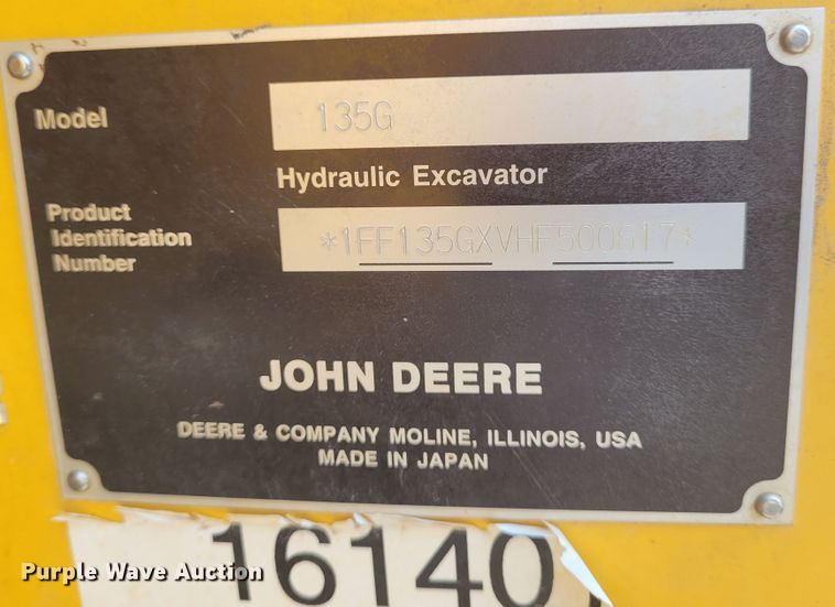 image for item BY9402 2017 John Deere 135G  excavator