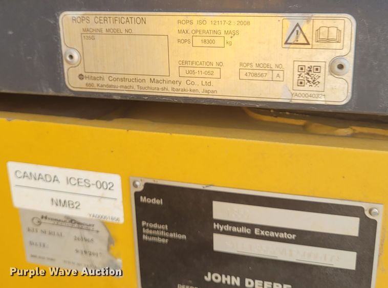 image for item BY9402 2017 John Deere 135G  excavator