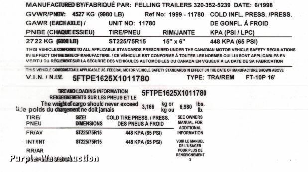 image for item DK8664 1999 Felling PE162  utility trailer