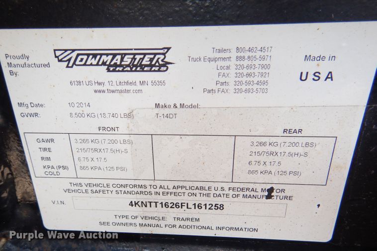 image for item DM1454 2015 Towmaster T-14TD  tilt deck equipment trailer