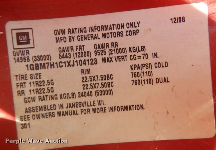 image for item DM3985 1999 Chevrolet C7500  dump truck