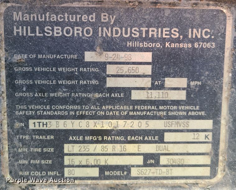 image for item IU9332 1999 Hillsboro Industries Inc. S627-TD-BT  equipment trailer