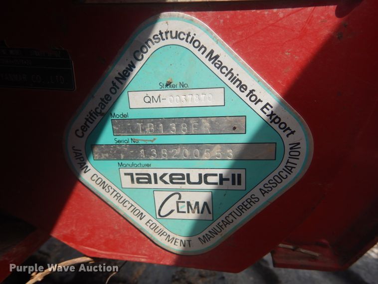 image for item JI9501 2012 Takeuchi TB138FR  mini excavator