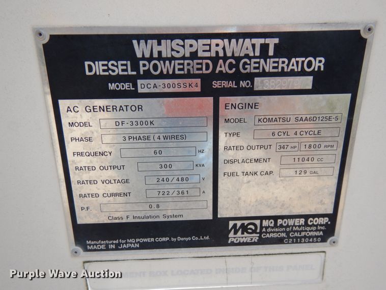 image for item KK9119 Whisperwatt DCA-300SSK4  generator