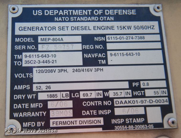 image for item KK9121 2006 Fermont MEP-804A  generator