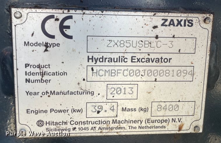 image for item KK9450 2013 Hitachi ZX85USBLC-3  mini excavator