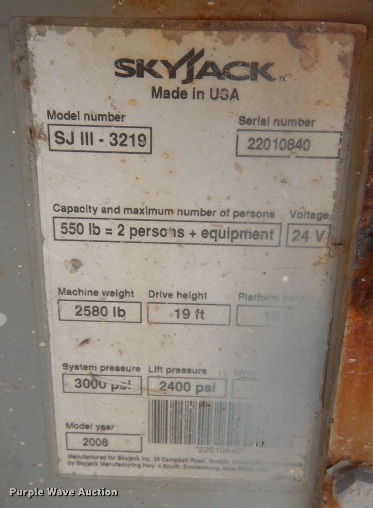 image for item KW9791 2008 Skyjack SJIII 3219  scissor lift