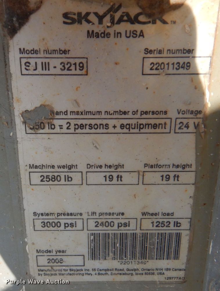 image for item KW9792 2008 Skyjack SJIII 3219  scissor lift