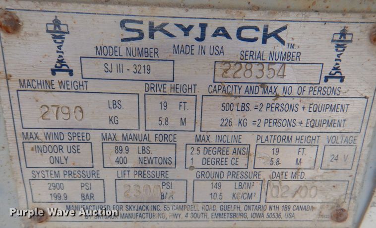 image for item KW9794 2000 Skyjack SJIII 3219  scissor lift