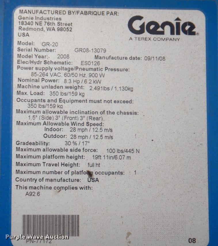 image for item KW9795 2008 Genie GR-20  vertical lift