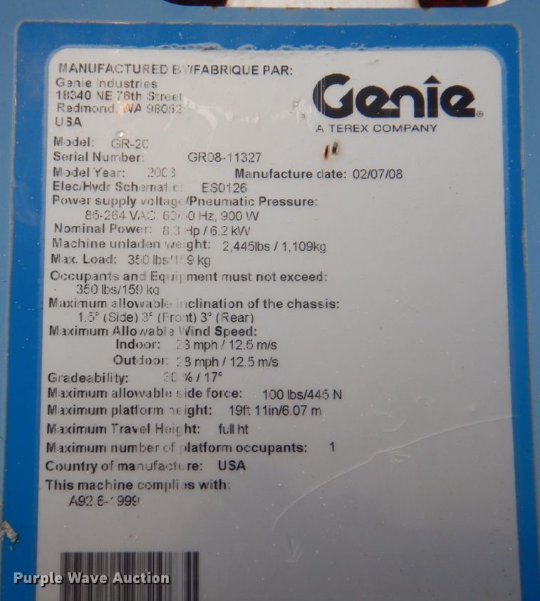 image for item KW9796 2008 Genie GR-20  vertical lift