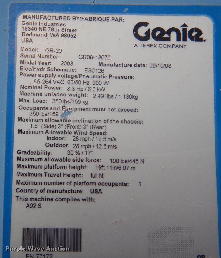 image for item KW9797 2008 Genie GR-20  vertical lift