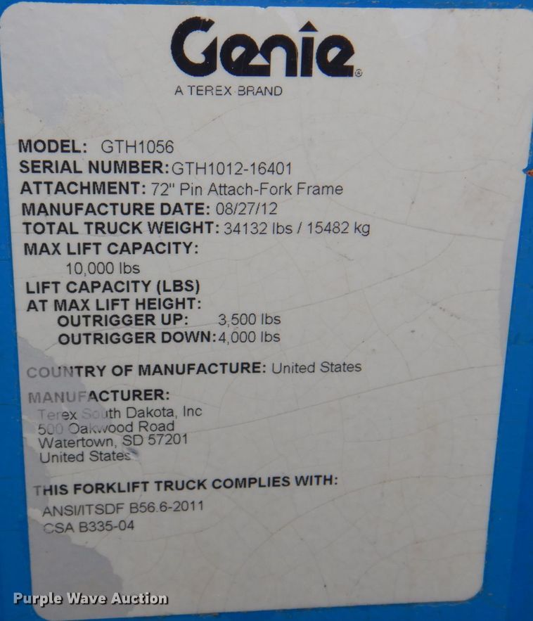 image for item KX9444 2012 Genie GTH-1056  telehandler
