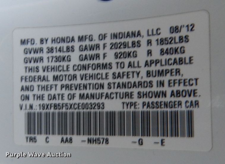 image for item IN9534 2012 Honda Civic