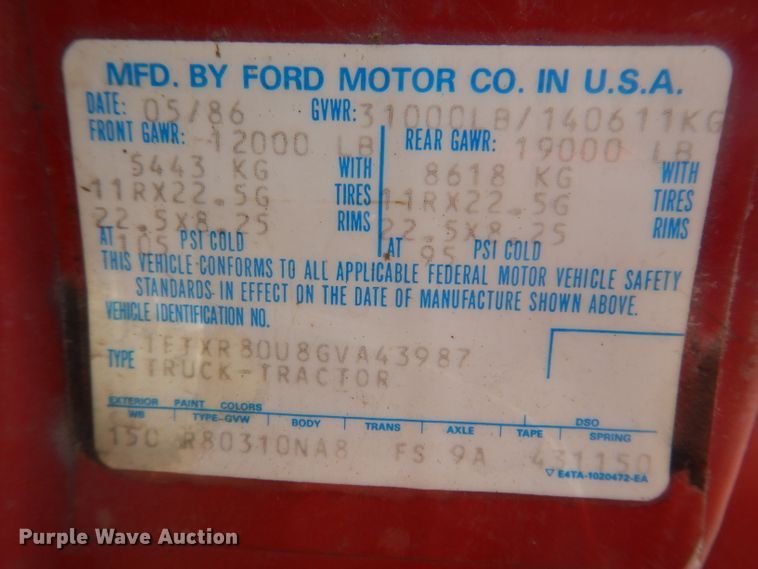 image for item IN9878 1986 Ford LN8000  dump truck