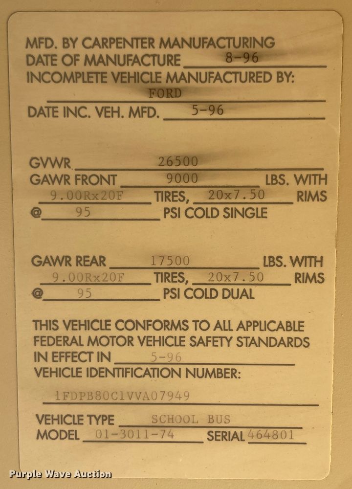 image for item JQ9724 1997 Ford B800  school bus