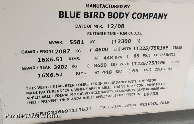 image for item KK9328 2009 Chevrolet Blue Bird  school bus