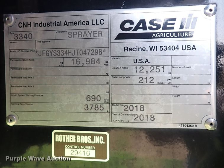 image for item IN9603 2018 Case IH Patriot 3340  sprayer