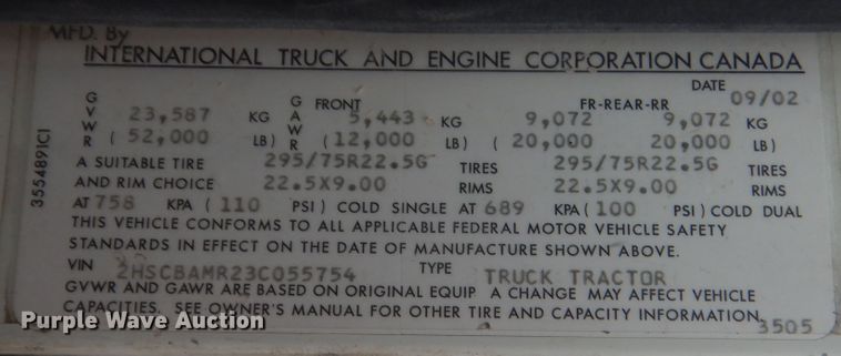 image for item DJ1910 2003 International 9100i  semi truck