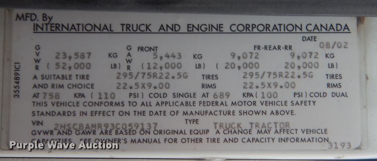 image for item DJ2234 2003 International 9100i  semi truck