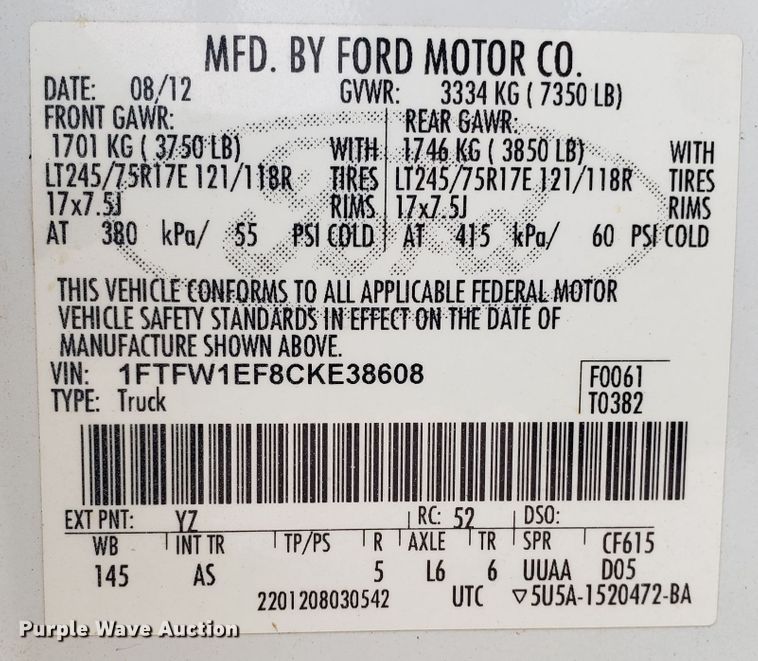 image for item IU9472 2012 Ford F150  pickup truck