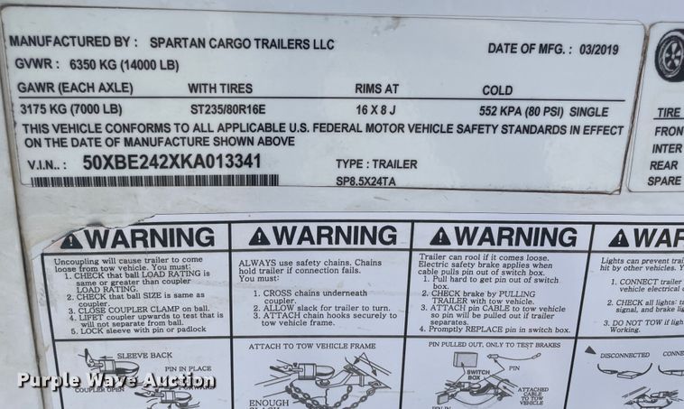 image for item JQ9710 2019 Spartan  enclosed cargo trailer