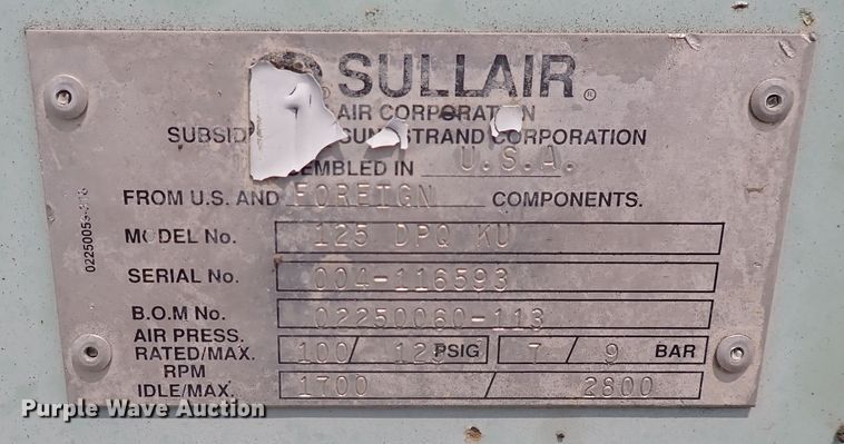 image for item DN1892 Sullair 125 DPQ KU  air compressor
