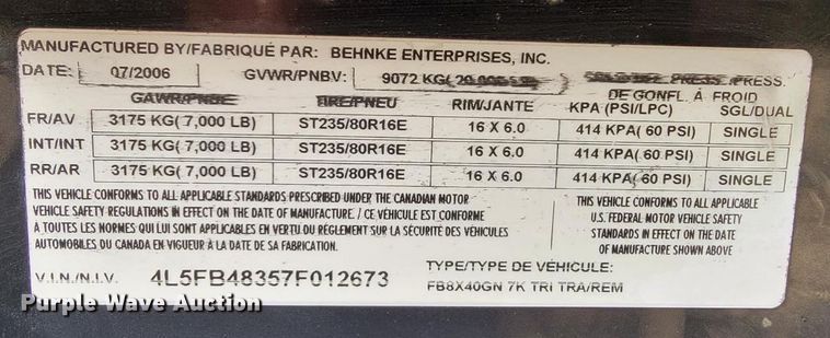 image for item IN9981 2006 B-B FB 8x40GN  equipment trailer