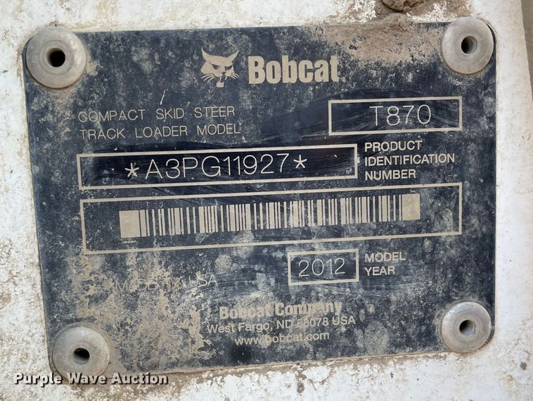image for item KU9245 2012 Bobcat T870  tracked skid steer loader