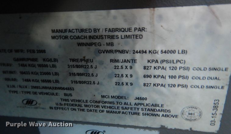 image for item DG1716 2008 MCI J4500  coach bus