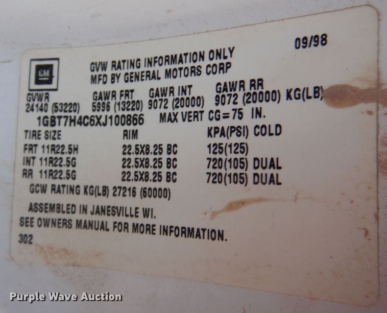 image for item DM6409 1999 Chevrolet C7500  dump truck