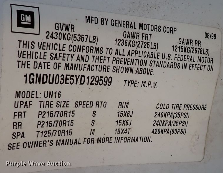 image for item IN9619 2000 Chevrolet Venture  van