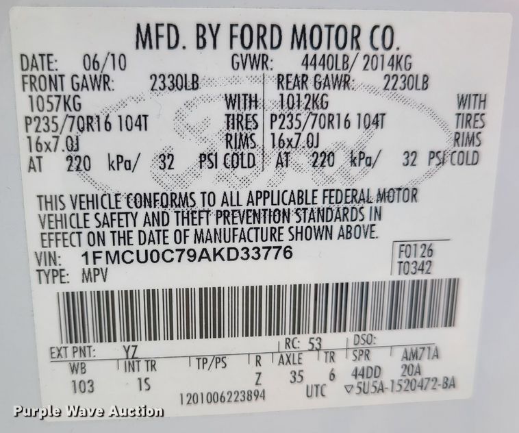 image for item IU9259 2010 Ford Escape  SUV