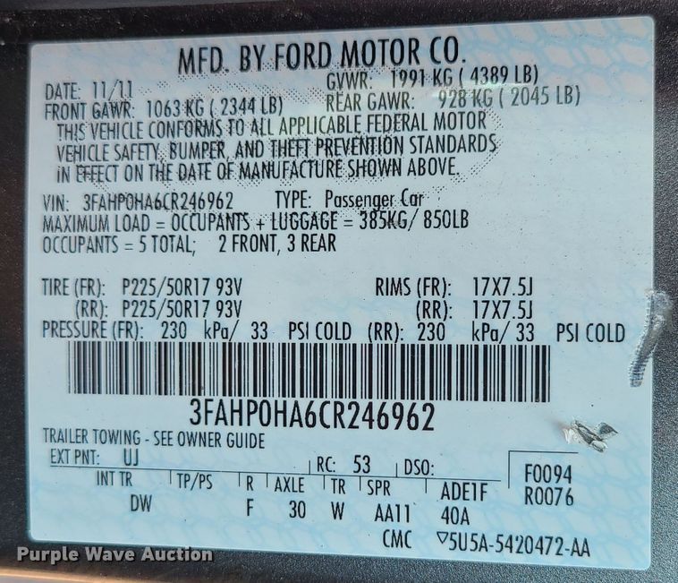 image for item IU9263 2012 Ford Fusion SE