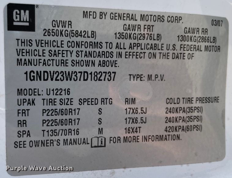 image for item JQ9598 2007 Chevrolet Uplander  van