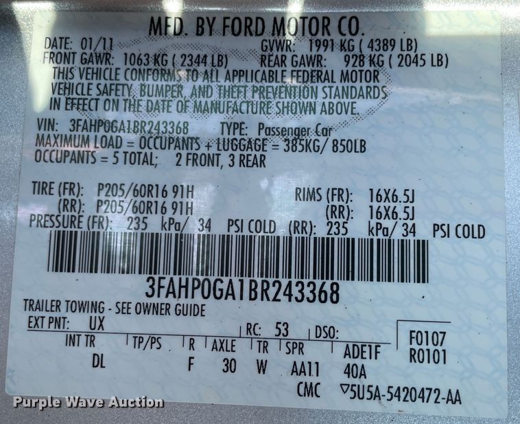 image for item JQ9599 2011 Ford Fusion S
