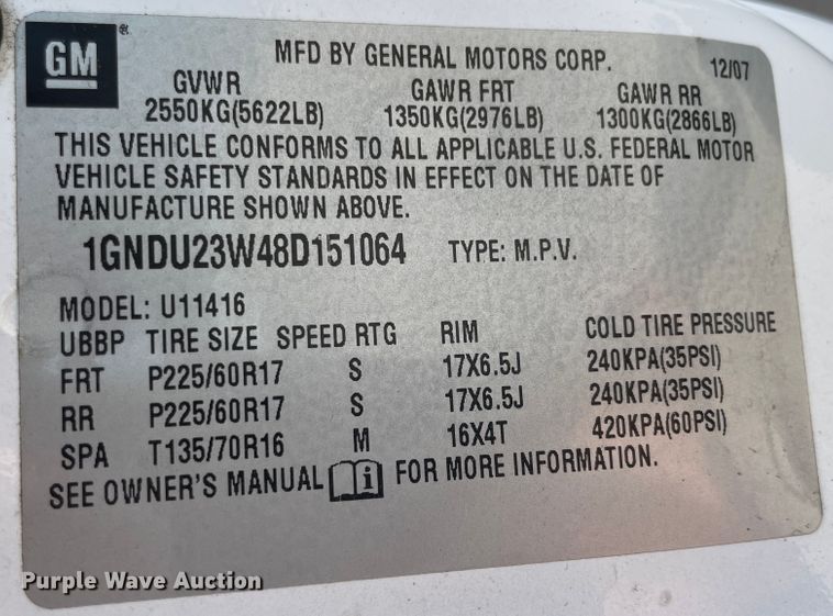 image for item JQ9601 2008 Chevrolet Uplander  van