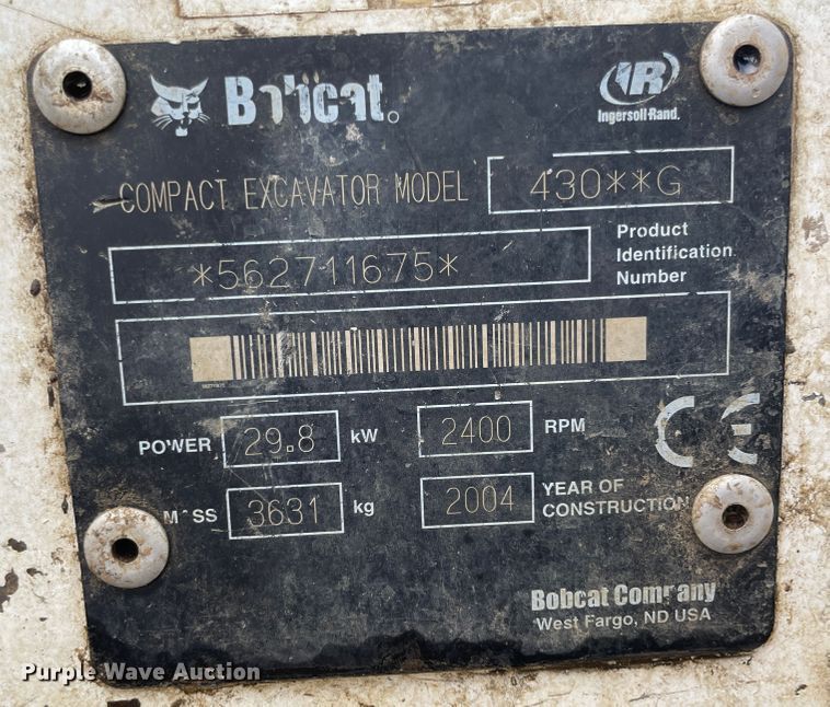 image for item JQ9687 2004 Bobcat 430G  mini excavator