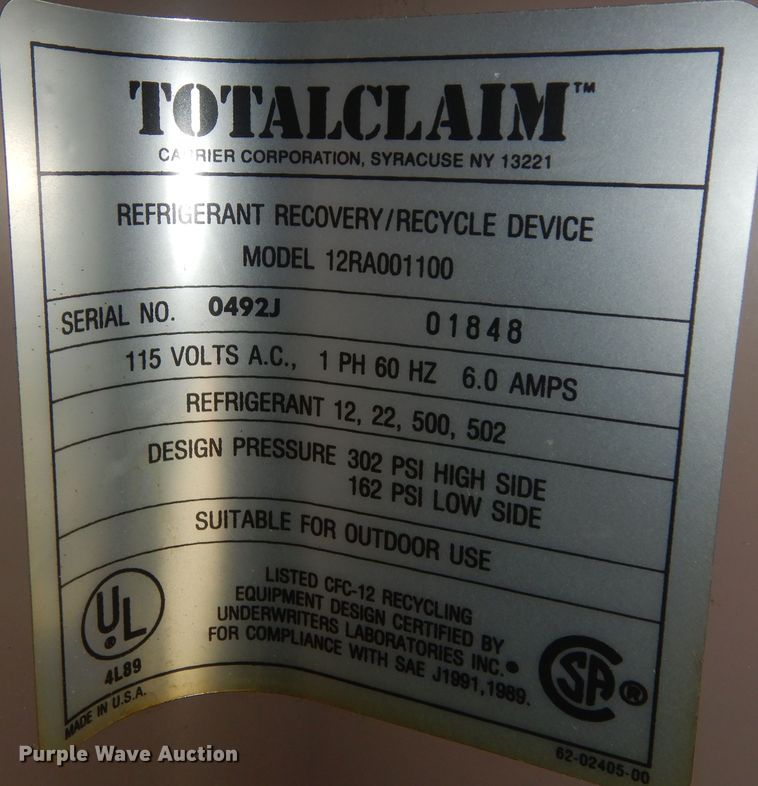 image for item KU9186 Totalclaim 12RA001100  refrigerant reclaimer